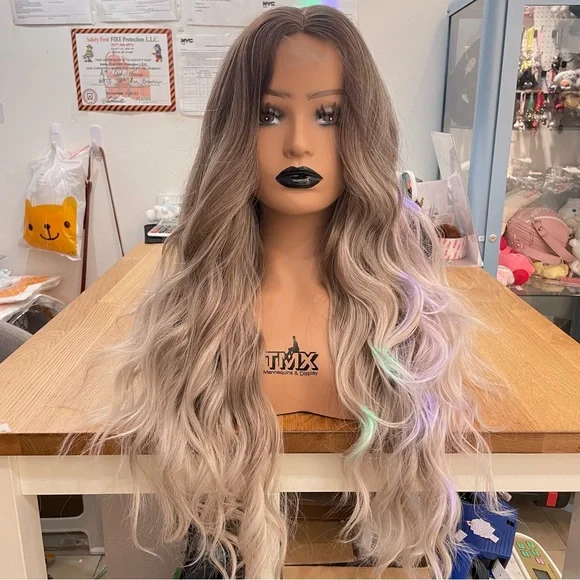 Human hair blend lace front ash blonde ombre wavy wig Ash Blonde Ombre Short Natural Glueless Human Hair Wigs for  main image 2